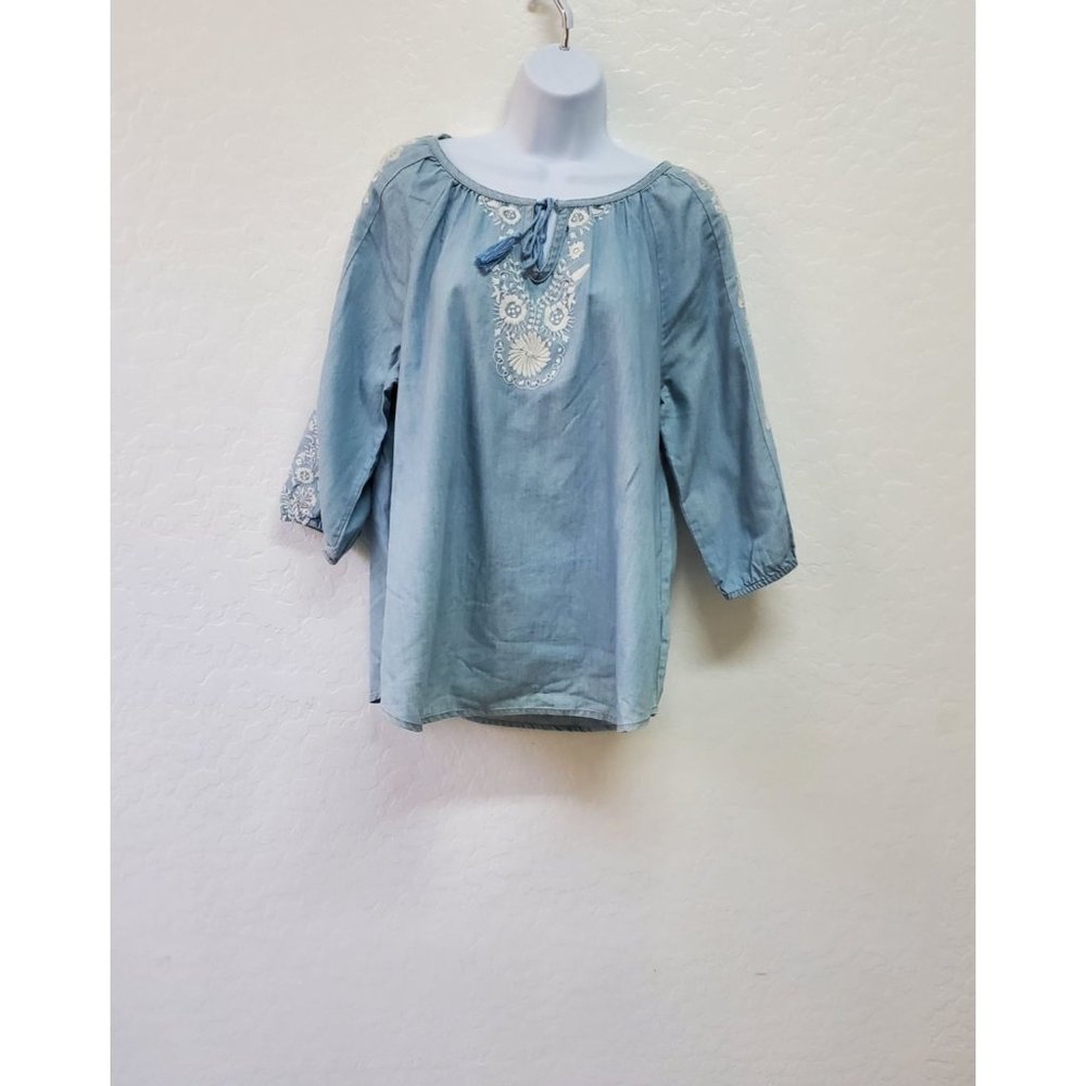 Sonoma Life & Style Denim Embroidered Floral Tunic Top Shirt Sz L